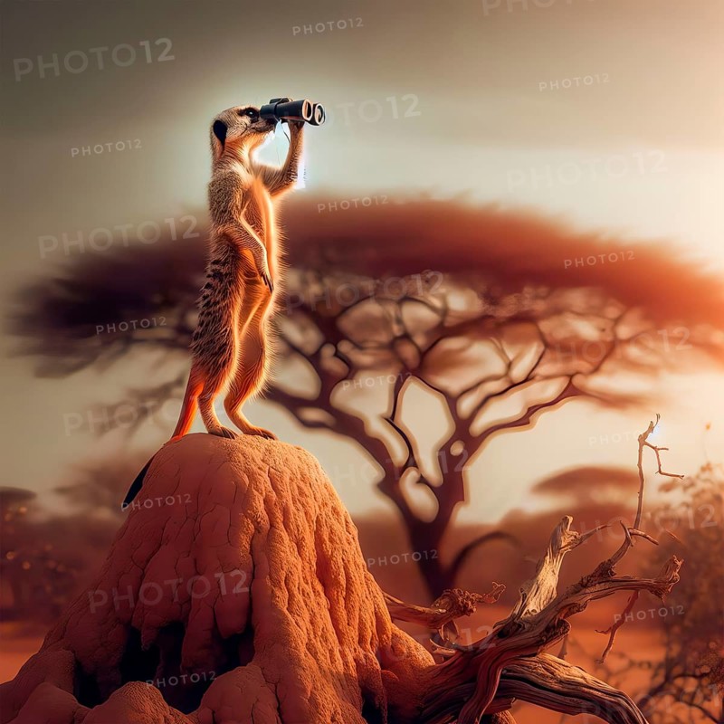 A meerkat peers with binoculars from a termite mound into the African savannah, AI generated, AI generated