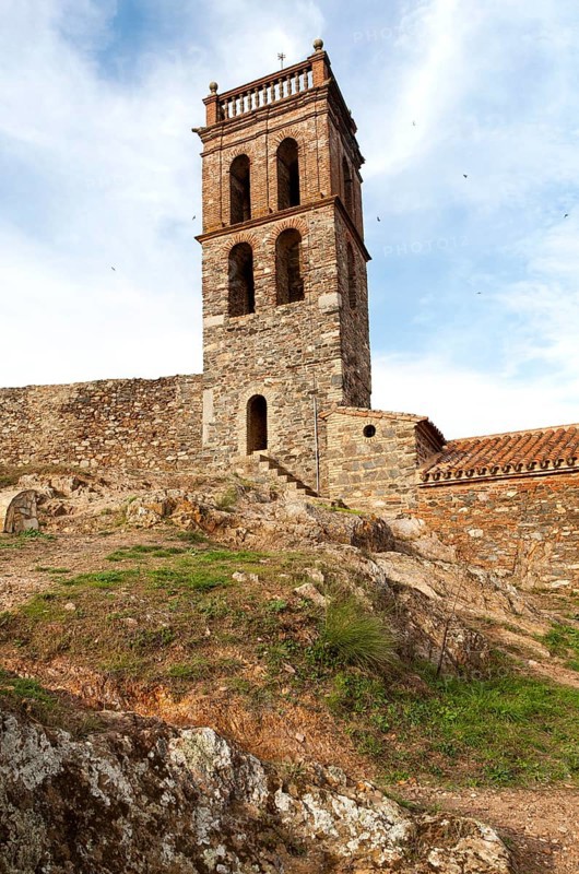 Tower of Moorish mosque at Almonaster La Real, Sierra de Aracena, Huelva province, Spain, Europe