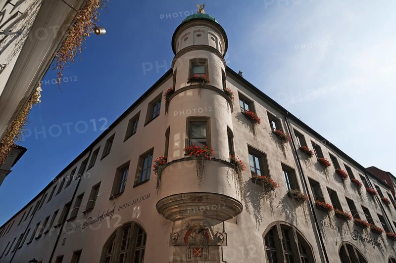 Former bishop's residence 1573, today's building is from 1887, relief under the oriel depicts a bishop with the Regensburg coat of arms, Regensburg, Upper Palatinate, Bavaria, Germany, Europe