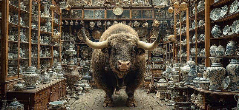 Very large bull with horns in a China shop filled with glassware. generative AI, AI generated