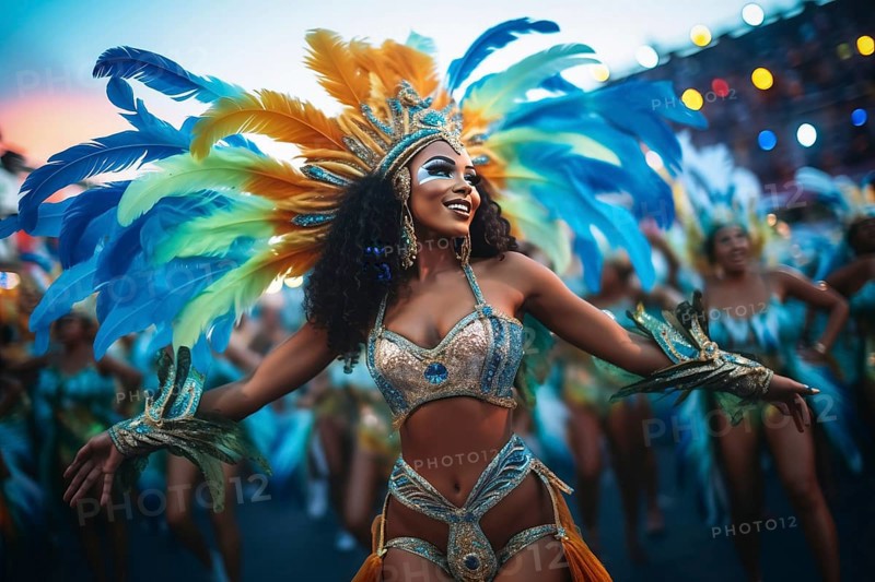 Captivating image capturing the essence of the Rio Carnival, showcasing a dancer adorned in an elaborate, vibrant costume, embodying the spirit and energy of this iconic festival, AI generated