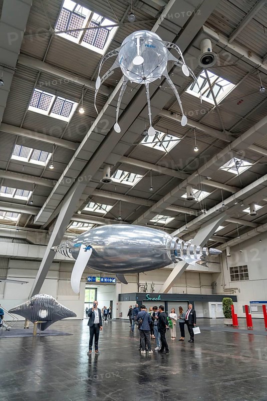 Mechanical flying objects, filled with helium, controlled by fine mechanics, movements copied from animals, birds, fish, bionics applied, to illustrate technical processes, by automation specialists Festo, at the Hannover Messe, Lower Saxony, Germany, Europe