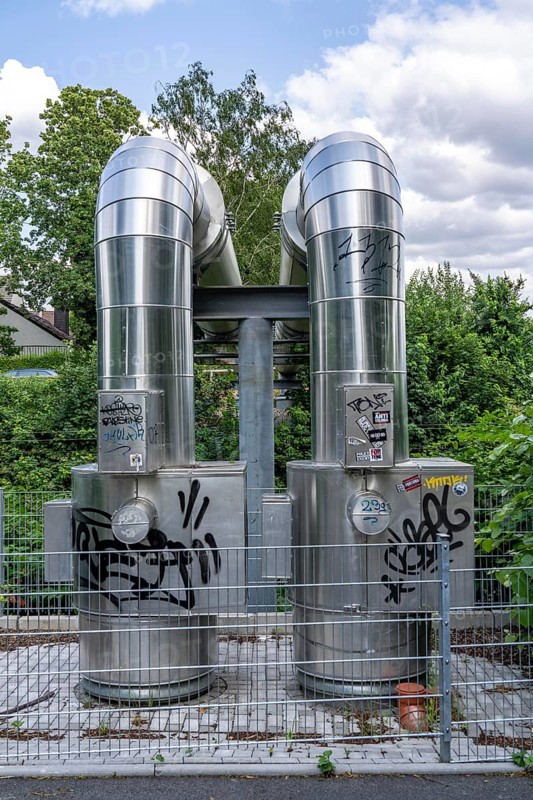 New STEAG district heating pipeline in Essen, over the railway tracks of the S6 line in Essen-Süd, part of the new 12 km long eastern route through the city, North Rhine-Westphalia, Germany, Europe