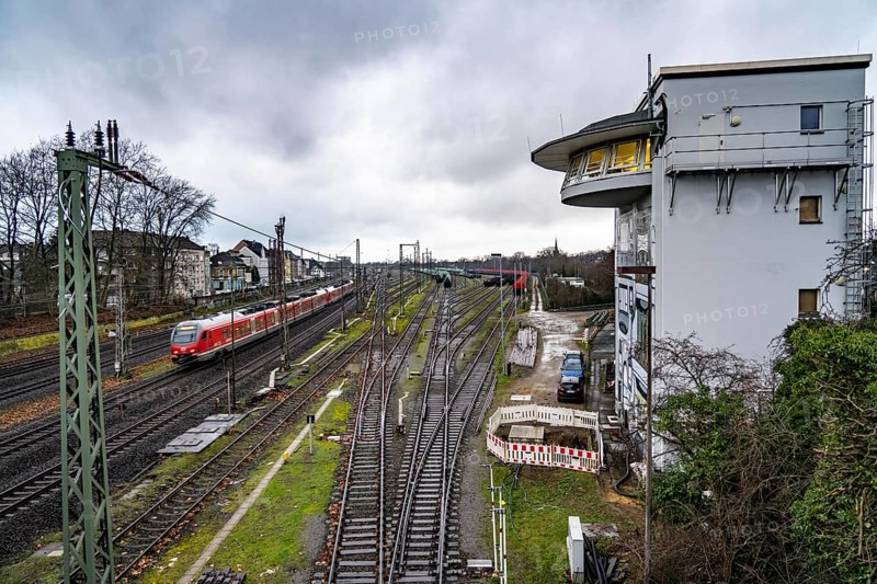 The Deutsche Bahn AG signal box in Mülheim-Styrum, controls train traffic on one of the busiest railway lines in Germany, between Essen and Duisburg, suburban trains, regional trains, ICE and IC long-distance trains and freight traffic, North Rhine-Westphalia, Germany, Europe