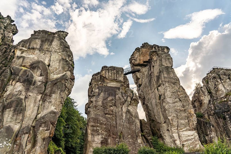 The Externsteine, a sandstone rock formation, in the Teutoburg Forest, near Horn-Bad Meinberg, Lippe district, North Rhine-Westphalia, Germany, Europe