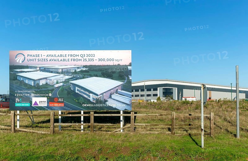 Estate agent billboard advertising sign commercial property development, Orwell Logistics park Ipswich, Suffolk, England, UK