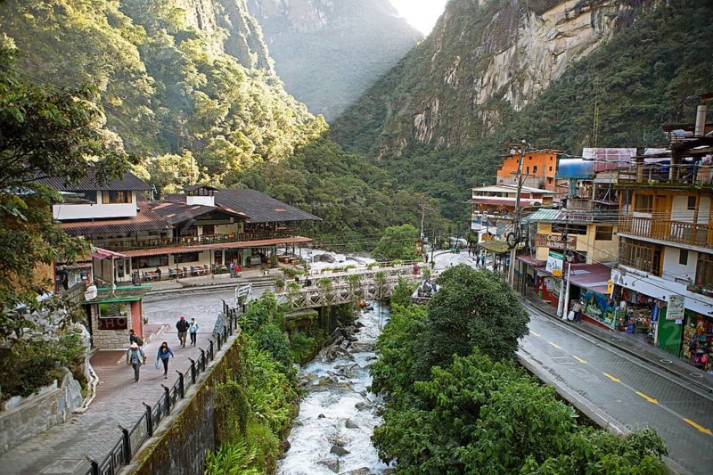 View of Machu Picchu Pueblo or Aguas Calientes, Cusco region, Peru, South America