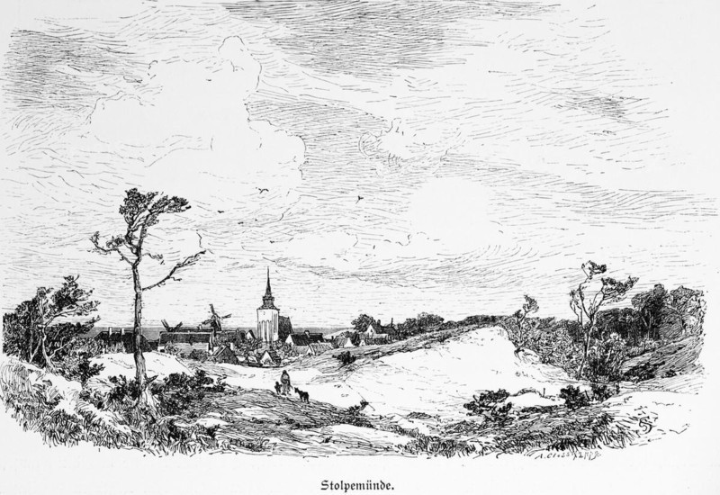 Stolpemünde or Ustka behind the sand dunes, Baltic Sea, Poland, village, church, windmill, dune landscape, historical illustration 1880, Europe