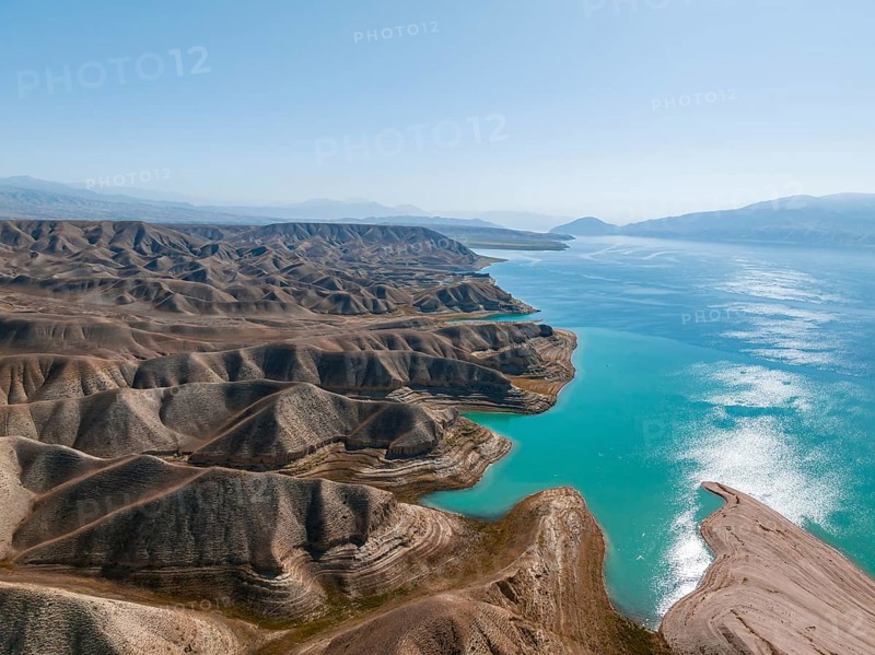 Barren landscape, aerial view, erosion landscape with canyons on the Naryn River, Toktogul Reservoir, Kyrgyzstan, Asia