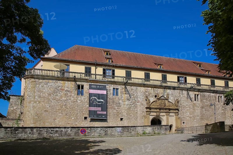 Portal, gate, round arch, bridge, stone figures, coat of arms, relief, decoration, Hohentübingen Castle, Museum of the University of Tübingen MUT, higher education institution, historical building, place of learning, Renaissance complex built in the 16th century, Eberhard Karls University of Tübingen, poster ancient cultures, writing, no stopping sign, traffic sign, Tübingen, Baden-Württemberg, Germany, Europe