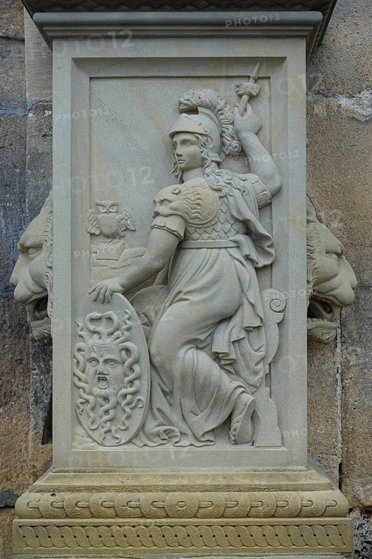 Relief, stone figure, female figure warrior with helmet and shield at the gate portal, lower castle gate, Splatte, restored sculpture, Hohentübingen Castle, Museum of the University of Tübingen MUT, university institution, historical building, place of learning, Renaissance complex built in the 16th century, Eberhard Karls University of Tübingen, Tübingen, Baden-Württemberg, Germany, Europe