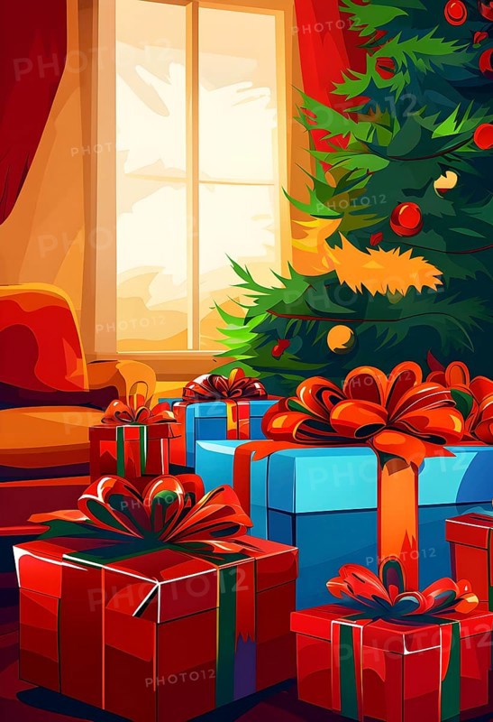 Abstract illustration of wrapped Christmas gifts, shiny ribbons and bows, stacked under a evergreen tree in a cozy living room, AI generated