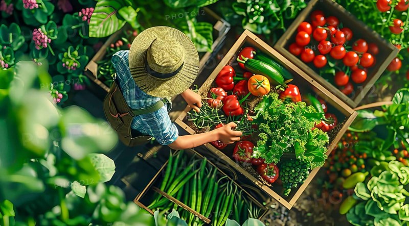 Farmer picking tomatoes from a crate. The scene is set in a garden with a variety of vegetables, AI generated