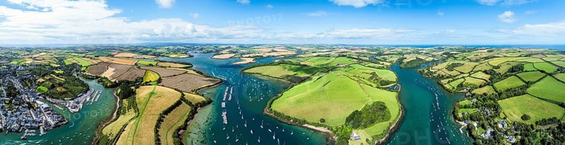 Panorama of Salcombe and Mill Bay over Kingsbridge Estuary from a drone, Batson Creek, Southpool Creek, Devon, England, United Kingdom, Europe