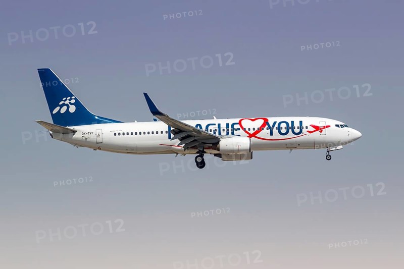 A Boeing 737-800 Smartwings aircraft with the licence plate OK-TVF and the Prague Loves You special livery at the airport in Dubai, United Arab Emirates, Asia