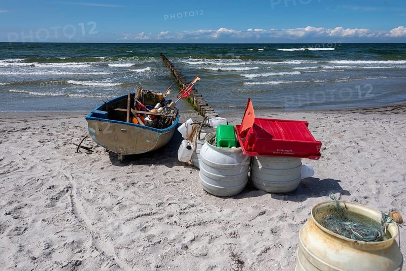 Small fishing boat on the beach of the island of Hiddensee, Vitte, Mecklenburg-Vorpommern, Germany, Europe