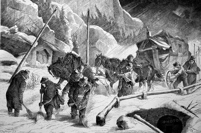 Stagecoach in winter, snow, on the route from Salzburg to Klagenfurt, Historical, digitally restored reproduction from a 19th century original, Record date not stated