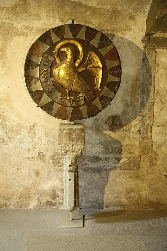 Historic gold disc with eagle figure, treasure, golden, round, metal disc, crypt, Minster of Our Lady, Constance, Lake Constance, Lake Constance area, Baden-Württemberg, Germany, Europe