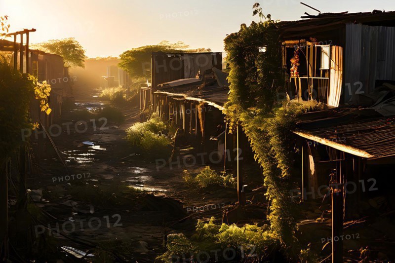 Deserted mining town encroached upon by nature buildings interlaced with creeping vines and trees, AI generated