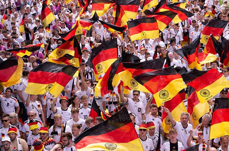 Fan march, German football fans march to the quarter-final Spain versus Germany, UEFA EURO 2024, European Championship, flags, sea of flags, atmosphere, atmospheric, fan club DFB, German Football Association, B14, Cannstatter Straße, Stuttgart, Baden-Württemberg, Germany, Europe