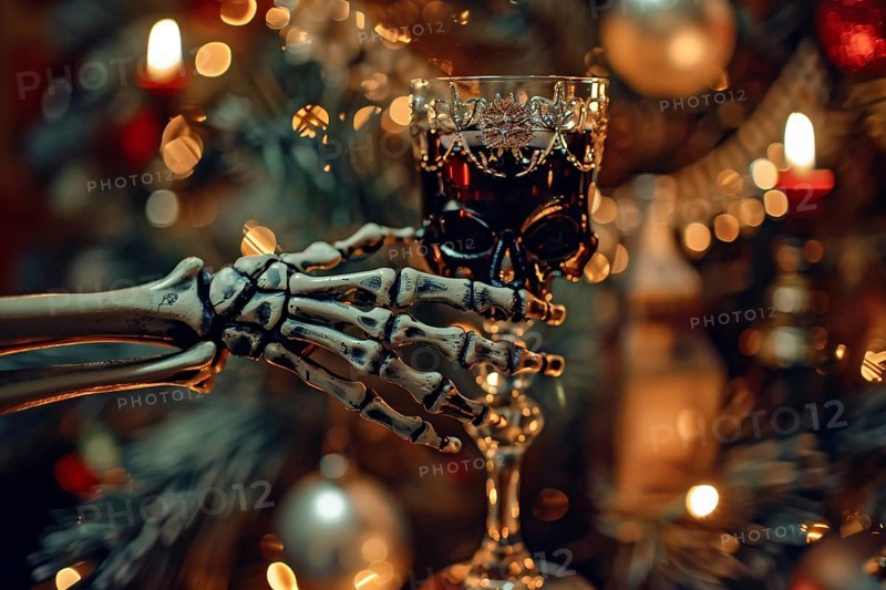 Skeleton arm holding wine glass with skull. Generative Ai, AI generated