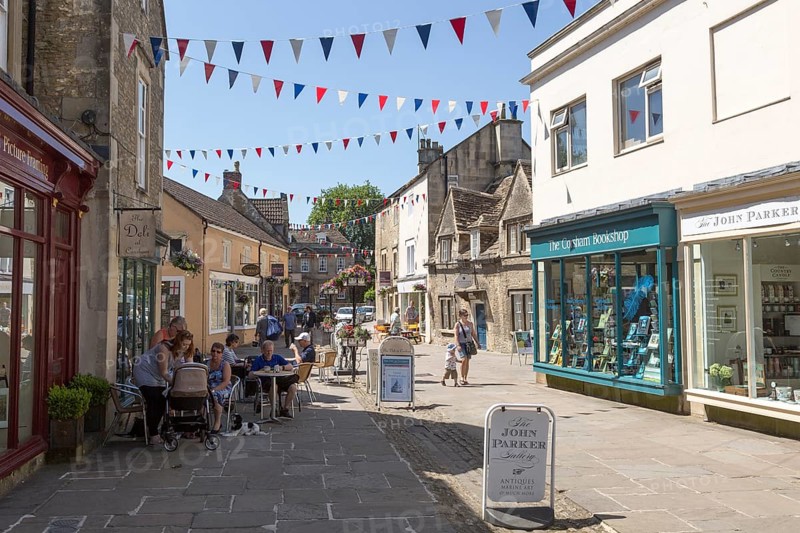 Historic buildings along the High Street in town of Corsham, Wiltshire, England, UK