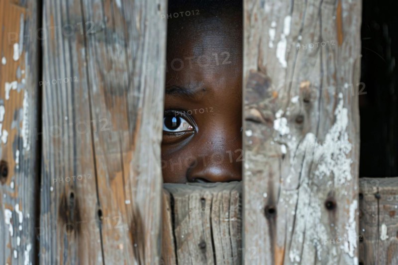 Close up of black child peeking through hole in wooden wall. KI generiert, generiert, AI generated