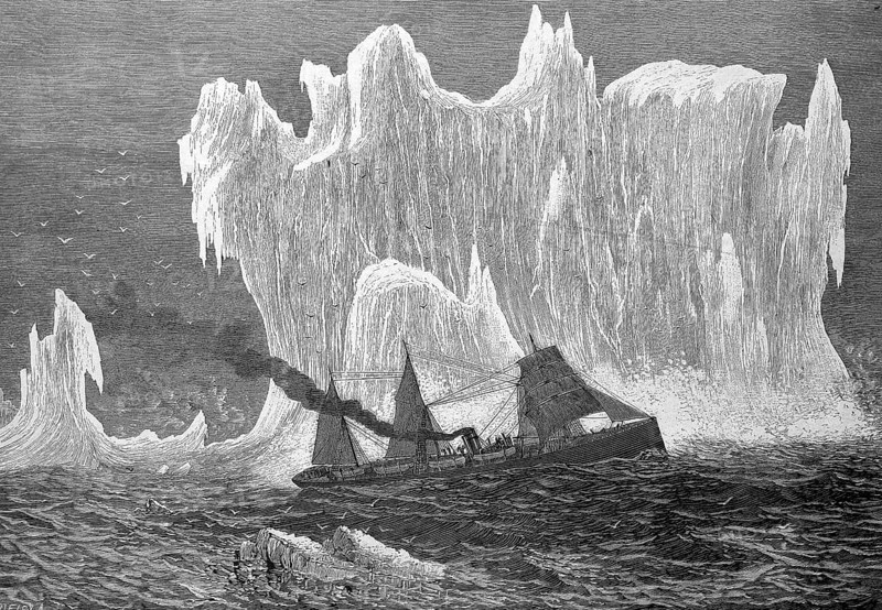 Steamboat on its way to New York encounters a giant iceberg, Historical, digitally restored reproduction from a 19th century original, around 1890, Record date not stated