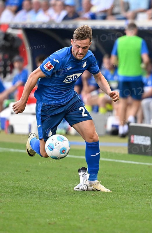 White pigeon on the pitch, grass, being harassed, kicked, by Jacob Bruun Larsen TSG 1899 Hoffenheim (29) curious, PreZero Arena, Sinsheim, Baden-Württemberg, Germany, Europe