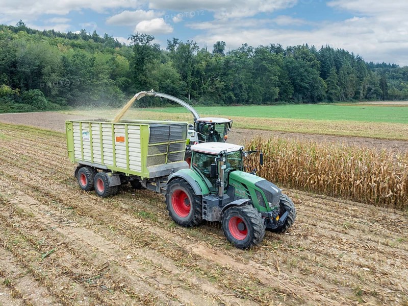 A Fendt 826 tractor with silage transport wagon drives next to a forage harvester to load chopped maize, maize harvest, silage, forage maize, forage for dairy cows, energy production, aerial view, Constance district, Baden-Württemberg, Germany, Europe