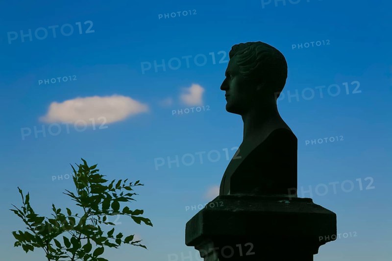 Bust of Wilhelm Hauff at Lichtenstein Castle, monument, stone figure, fairytale castle of Württemberg, Honau, Lichtenstein, Reutlingen district, Swabian Alb, Baden-Württemberg, Germany, Europe