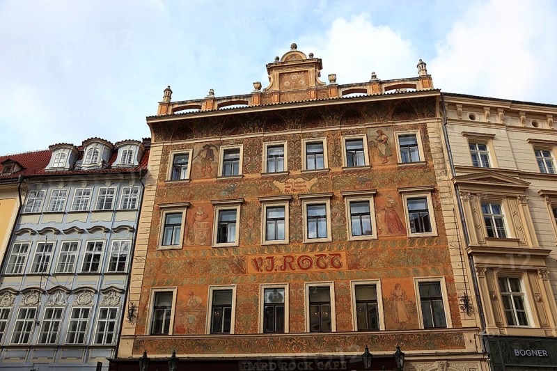 The façade of the former Rott metal goods shop on the Small Square in the Old Town, Prague, Czech Republic, painted with allegorical figures of craftsmen and farmers, Europe
