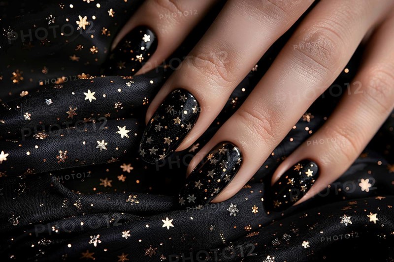 Woman's fingernails with nail polish art design with golden stars on black base. Generative Ai, AI generated