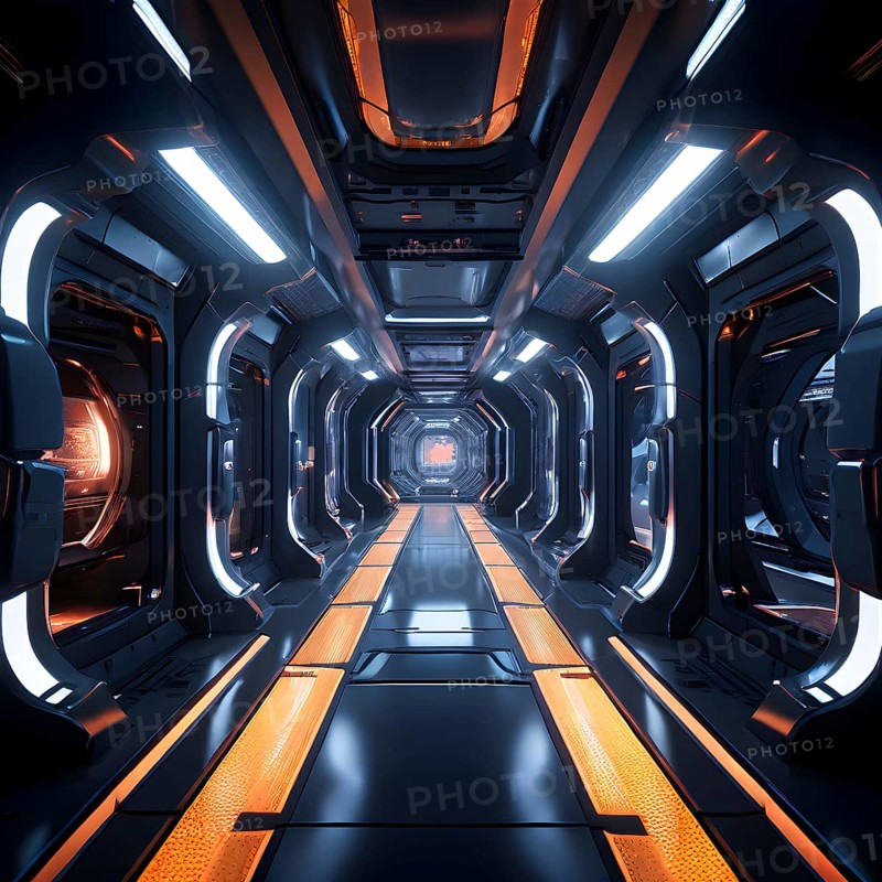 Three dimensional render of futuristic corridor inside a spaceship or space station, AI generated