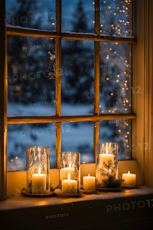 Snow-covered window with frost patterns, candlelight softly glowing through the glass, and warm, blurry Christmas lights in the background, AI generated