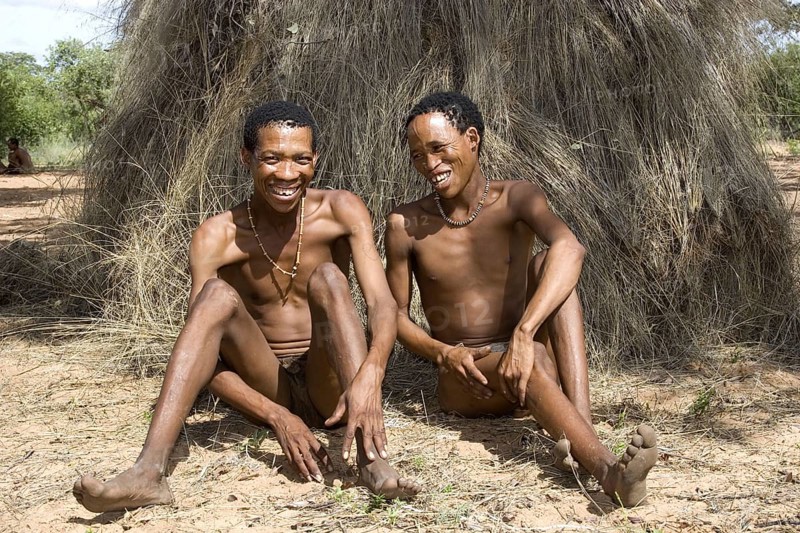 Bushman, two men sitting in front of their kicked grass-covered huts. Namibia, Africa, Namibia, Africa
