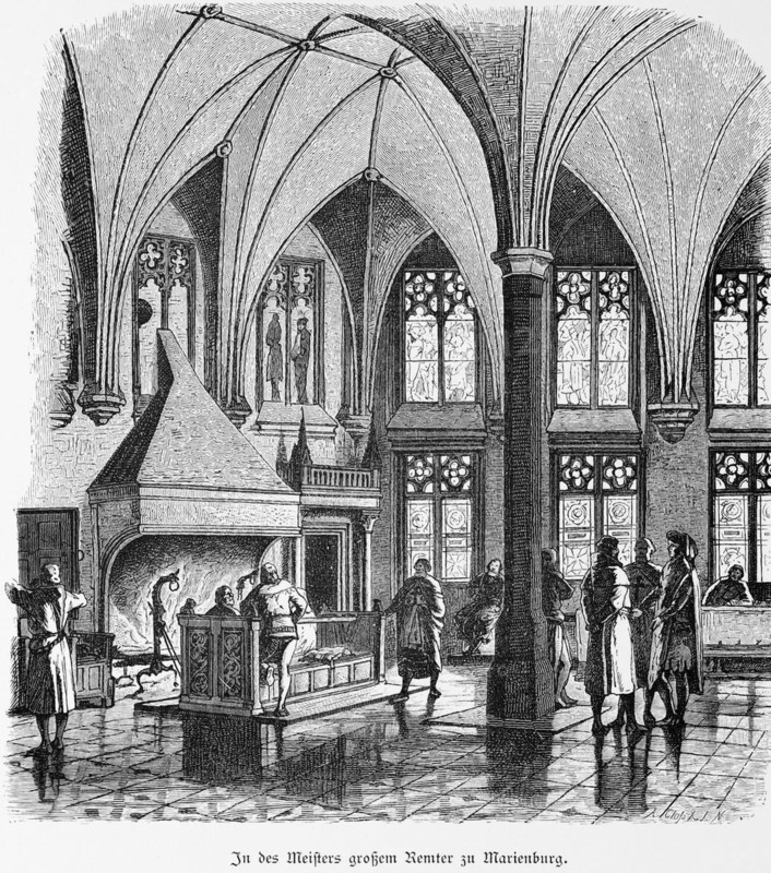 Interior of the Marienburg or Malbork, Poland, castle, open fireplace, fire, vault, tiles, columns, windows, Middle Ages, people, historical illustration 1880, Europe