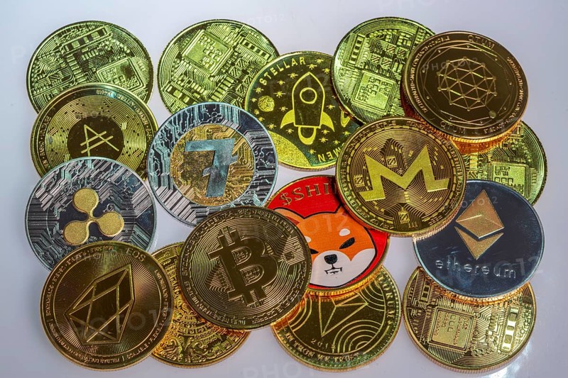 Various cryptocurrencies, symbol coins, optical placeholder for the digital currency, blockchain, Bitcoin, Ripple, Ethereum, Shiba Inu, Eos, Litecoin, Monero, Stellar, Adalevea, Qtum Blockchain, Tron, Maya