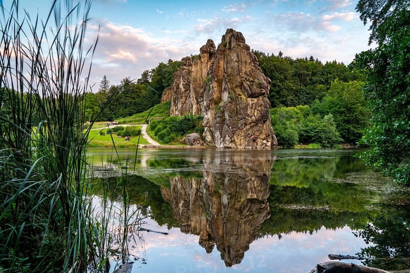 The Externsteine, a sandstone rock formation, Wiembecketeich, in the Teutoburg Forest, near Horn-Bad Meinberg, Lippe district, North Rhine-Westphalia, Germany, Europe