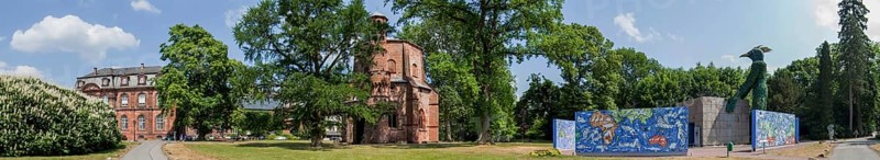 Park Mettlach with old abbey, old tower, landmark, largest ceramic puzzle in the world Panorama Mettlach Germany