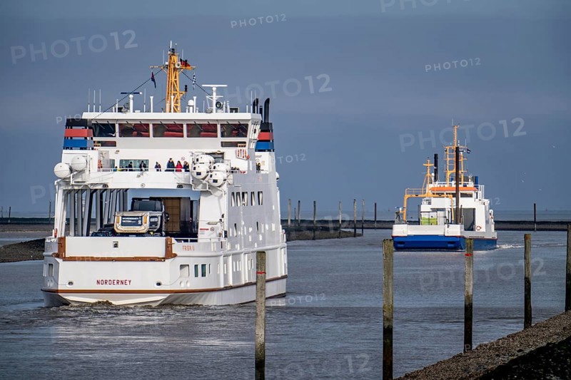 Ferry from Norddeich to the island of Norderney, for vehicles and passengers, Frisia IV, in the Busetief Canal, Lower Saxony, Germany, Europe