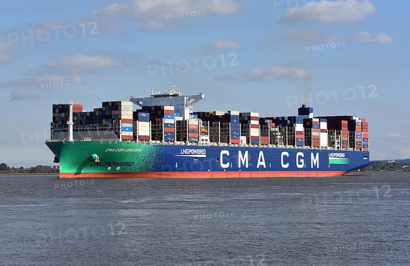 Europe, Germany, Hanseatic City of Hamburg, Port, Elbe, CMA CGM Concorde departing Hamburg for the North Sea, LNGPowered, Container, Europe
