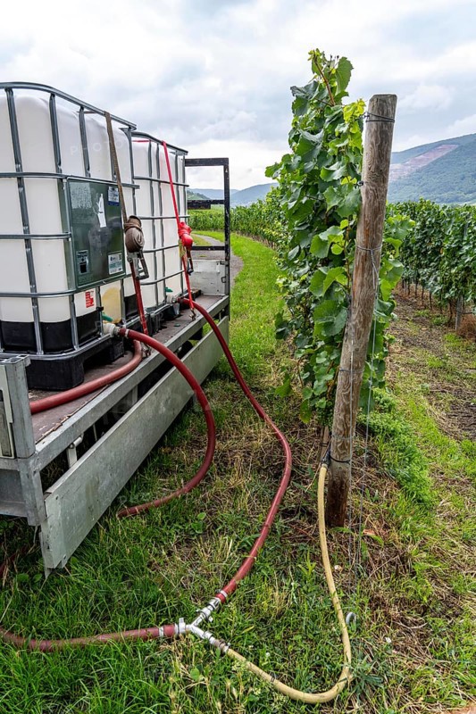 Upper Middle Rhine Valley, water tank for irrigating grapevine plants, in the Kapellenberg vineyard near Lorch, Hesse, Germany, Europe