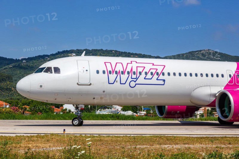 A Wizzair Airbus A321neo aircraft with the registration HA-LZU at Skiathos Airport, Greece, Europe