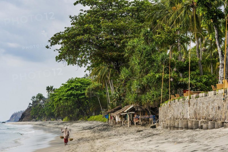 Trader at Mangsit beach in Sengiggi, seller, man, palm beach, travel, tourism, sea, beach, water, palm tree, ocean, island, coast, tropical, tropics, asian, natural landscape, untouched, wooden hut, beach hut, tourism, holiday, lonely, deserted, calm, authentic, authenticity, original, atmosphere, holiday mood, long-distance travel, tradition, traditional, poverty, culture, tradition, holiday idyll, Lombok, Indonesia, Asia