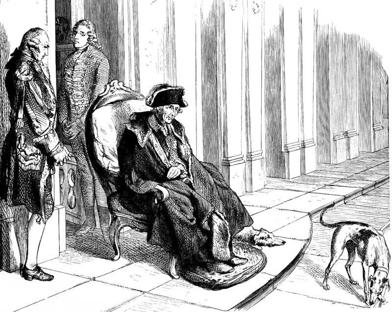 The old and sick King Frederick II in his armchair, Sanssouci Palace, Hohenzollern, Potsdam, servant, terrace, armchair, dogs, Prussia, Brandenburg, historical illustration 1882