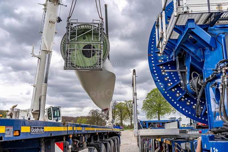 Preparation for the transport of a 68 metre long blade, a wind turbine, with a self-propelled Blade-Lifter vehicle, over a 40 km long route in the Bergisches Land, through towns, villages, over country roads, narrow through roads, to the construction site of the wind turbine near Hagen, North Rhine-Westphalia, Germany, Europe