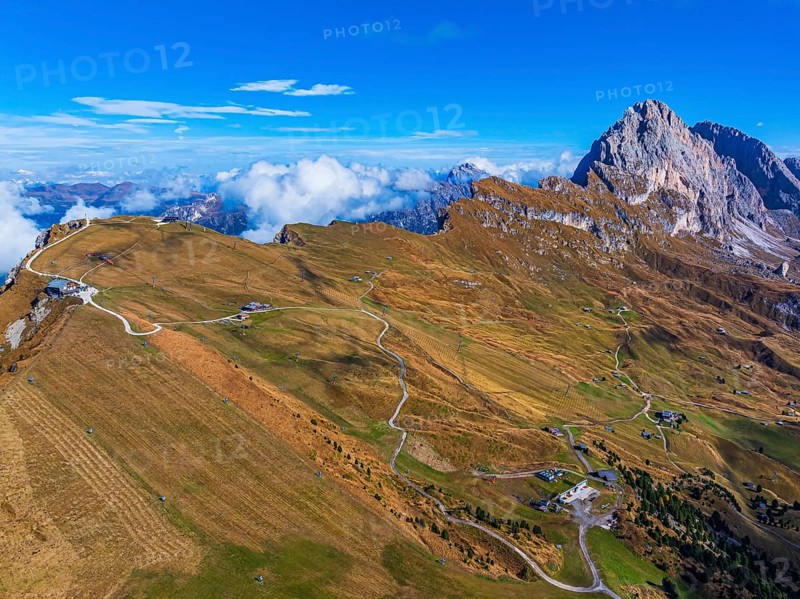 The Sas Rigais peak of the Odle group, alpine meadows, drone shot, Val Gardena, Dolomites, Autonomous Province of Bolzano, South Tyrol, Italy, Europe