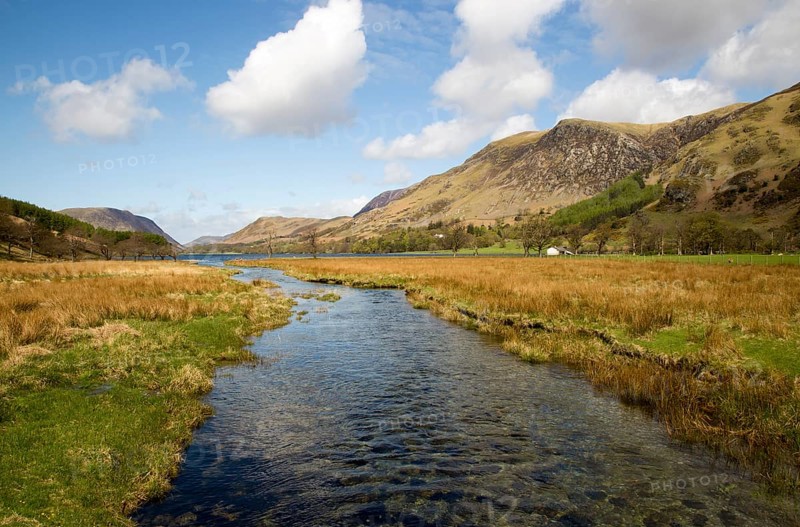 Warnscale Beck stream flowing into Lake Buttermere, Gatesgarth, Lake District national park, Cumbria, England, UK