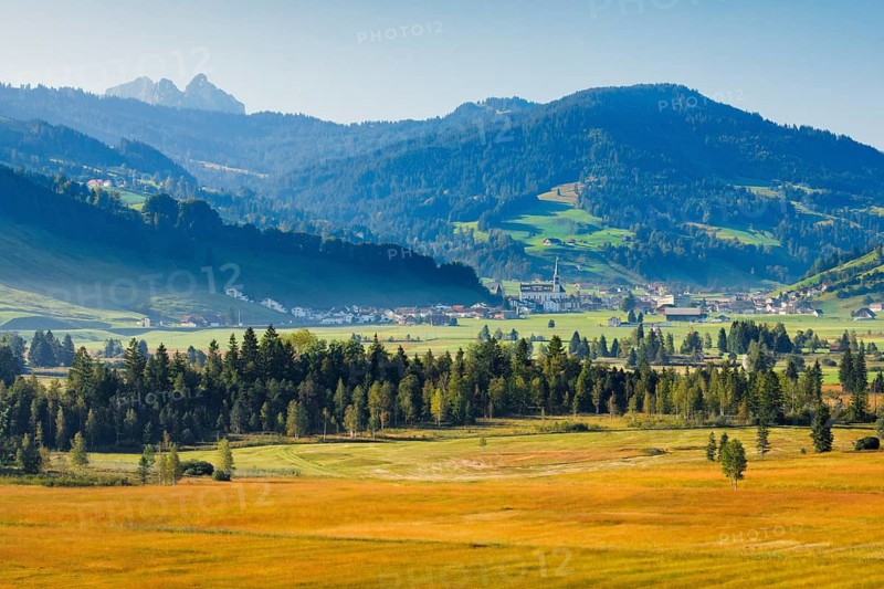 View over the Rothenthurm high moor with the village of Rothenthurm in the background, Schyz, Switzerland, Europe